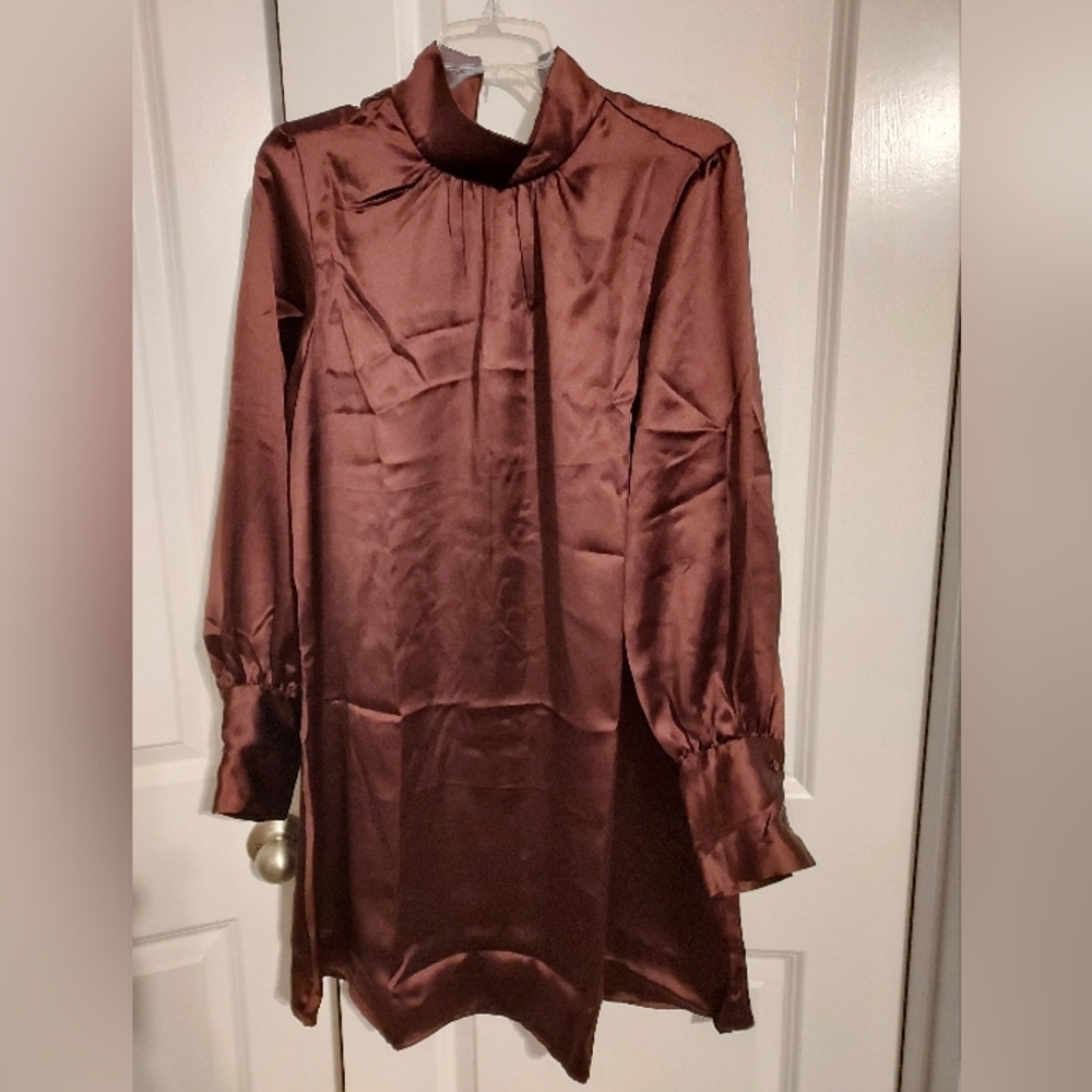 NWT H&M Brown Satin High Neck Dress